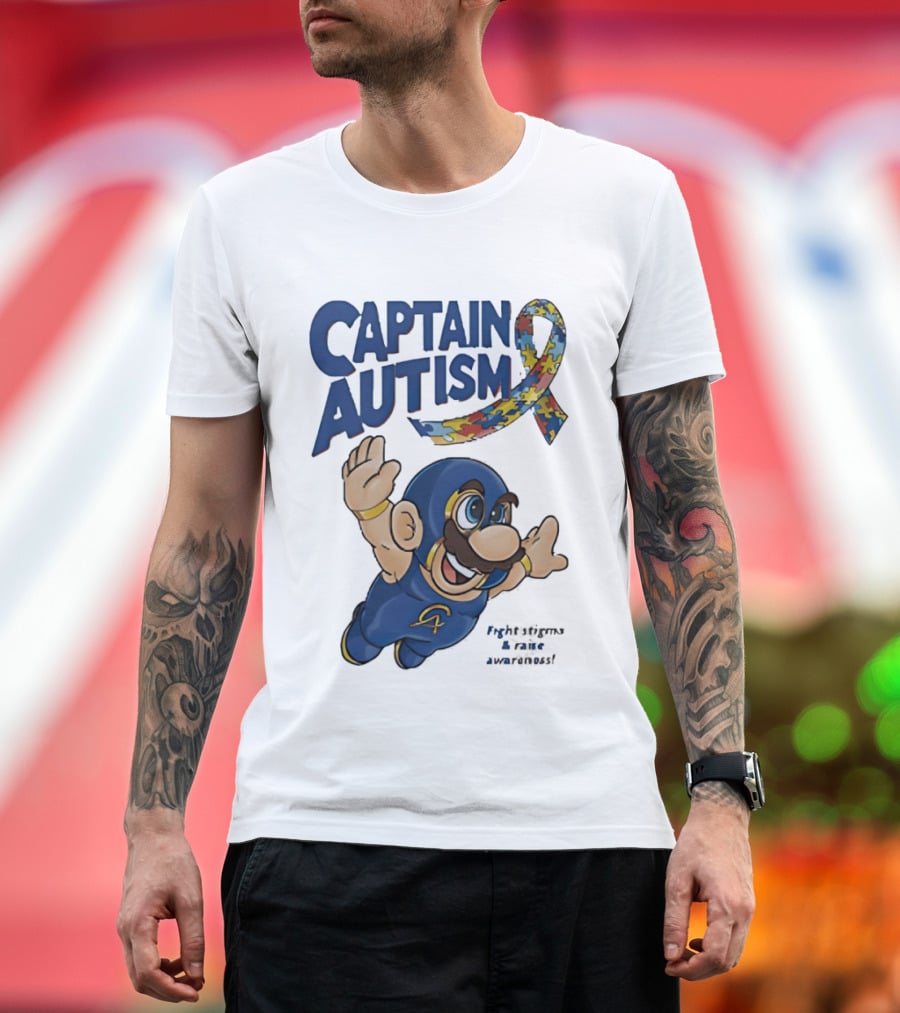 Captain Autism Super Mario Puzzle Ribbon Flying Awareness T-Shirt