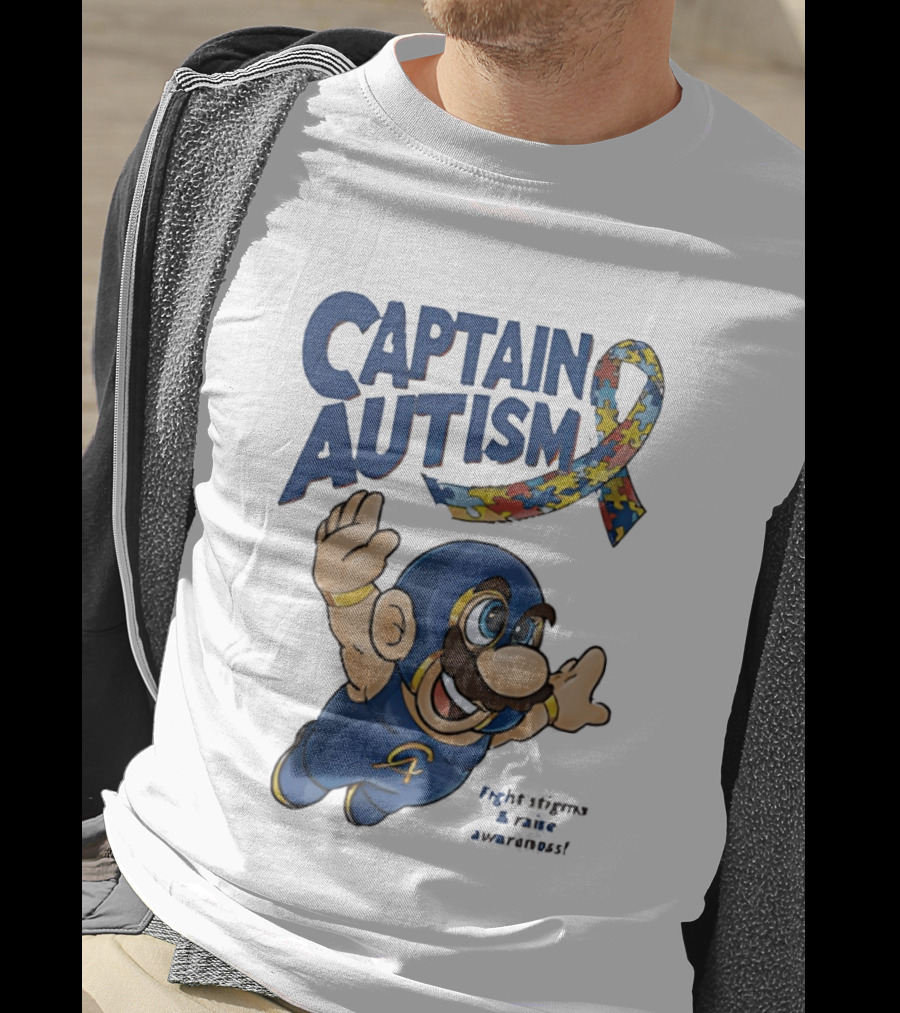 Captain Autism Super Mario Puzzle Ribbon Flying Awareness T-Shirt