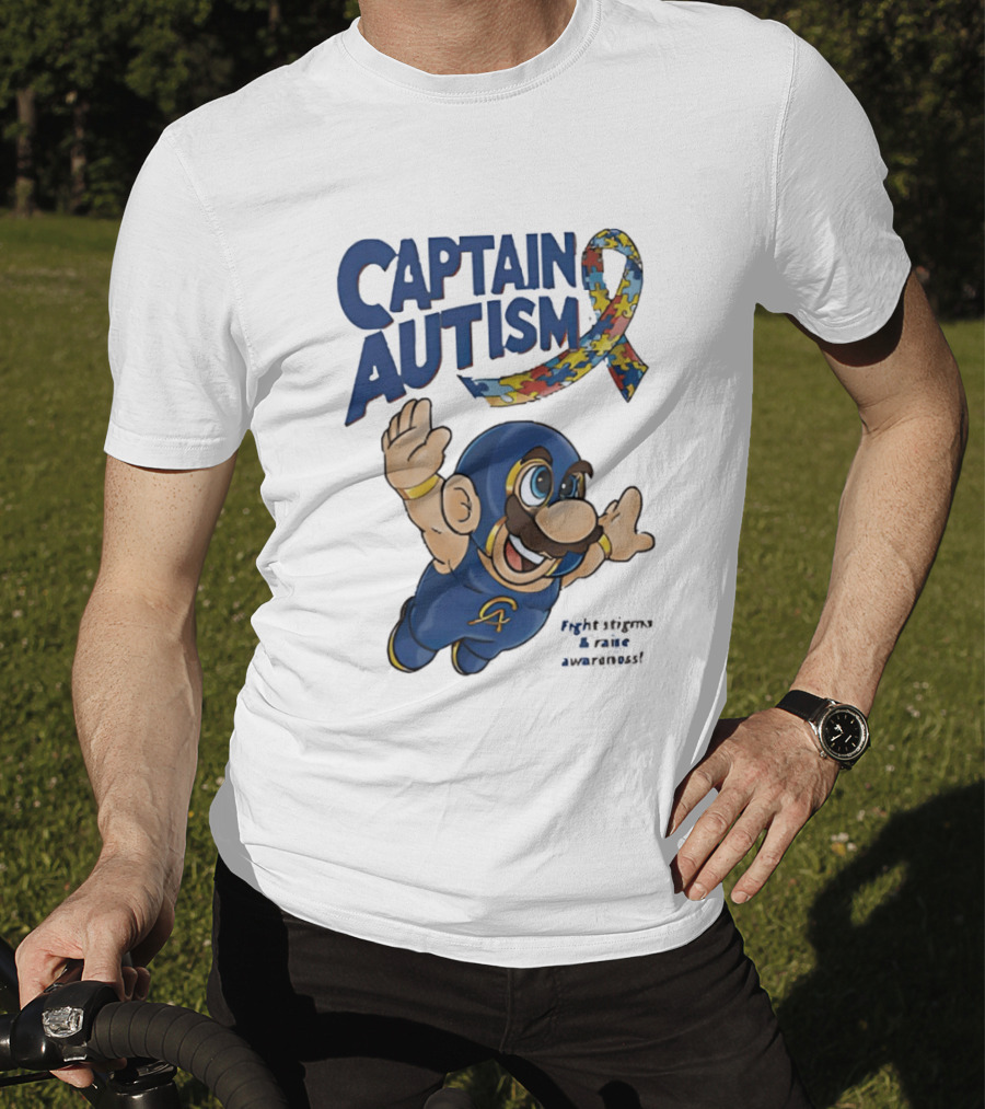 Captain Autism Super Mario Puzzle Ribbon Flying Awareness T-Shirt