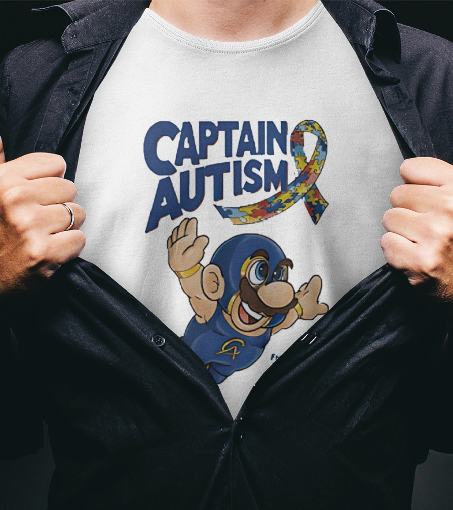 Captain Autism Super Mario Puzzle Ribbon Flying Awareness T-Shirt