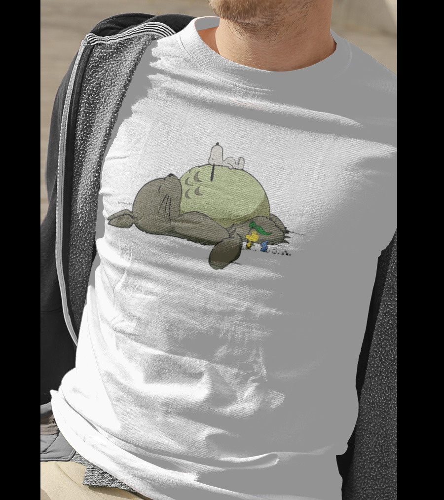 Totoro And Snoopy Sleeping With Woodstock And Classic Cartoon Characters T-Shirt