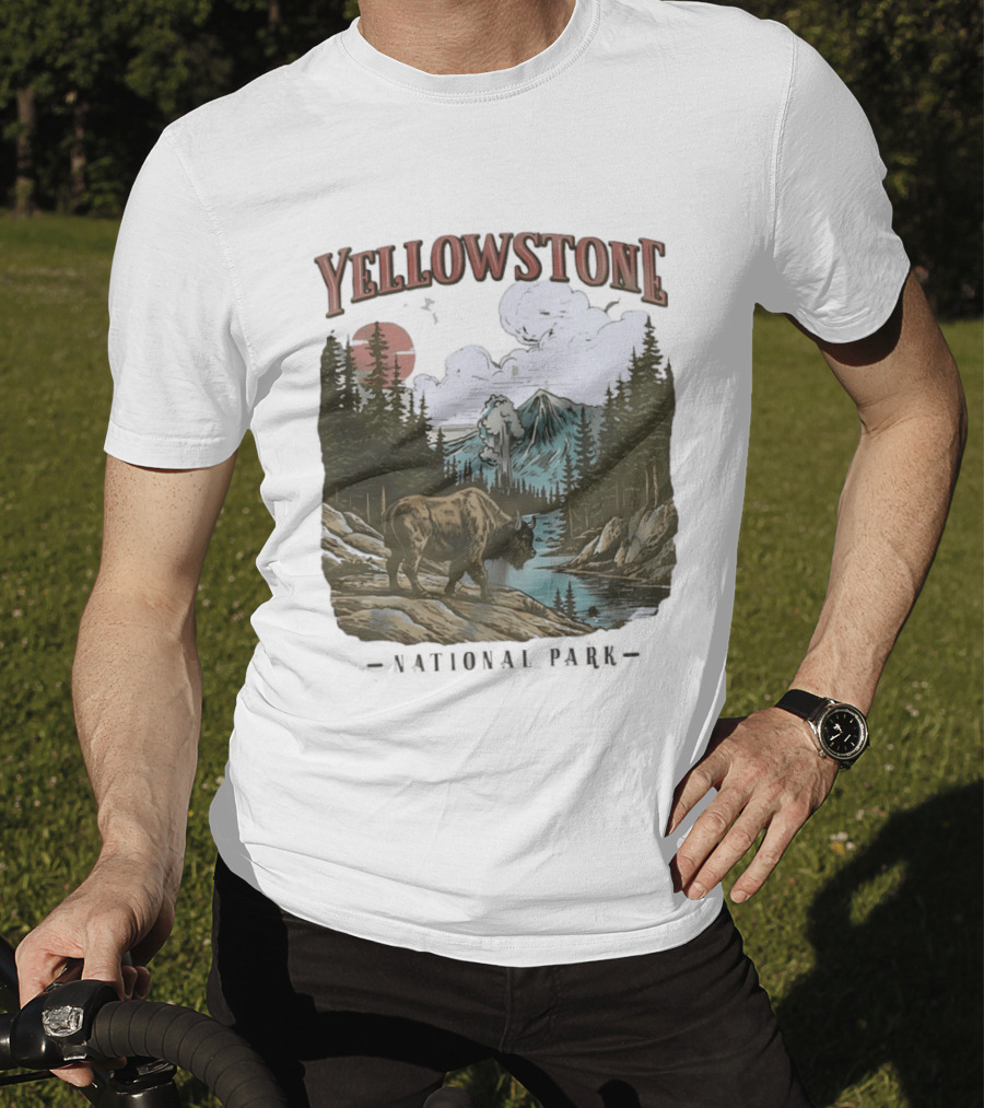 Yellowstone National Park Wild Buffalo By Stream Scenic Landscape T-Shirt