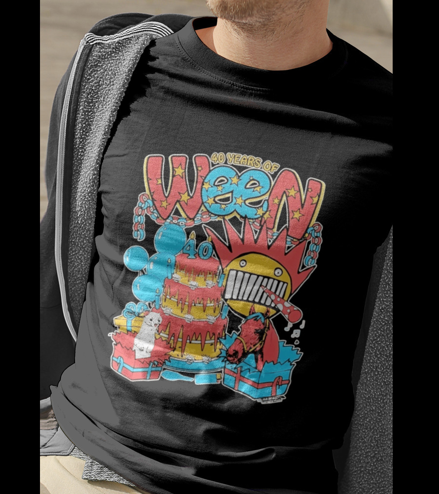 40 Years Of Ween Celebration Cake Balloons Dog Horse Black Sun Mask T-Shirt