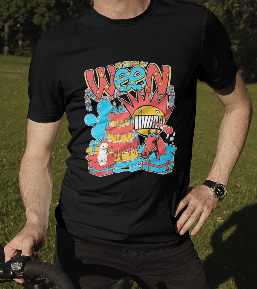 40 Years Of Ween Celebration Cake Balloons Dog Horse Black Sun Mask T-Shirt