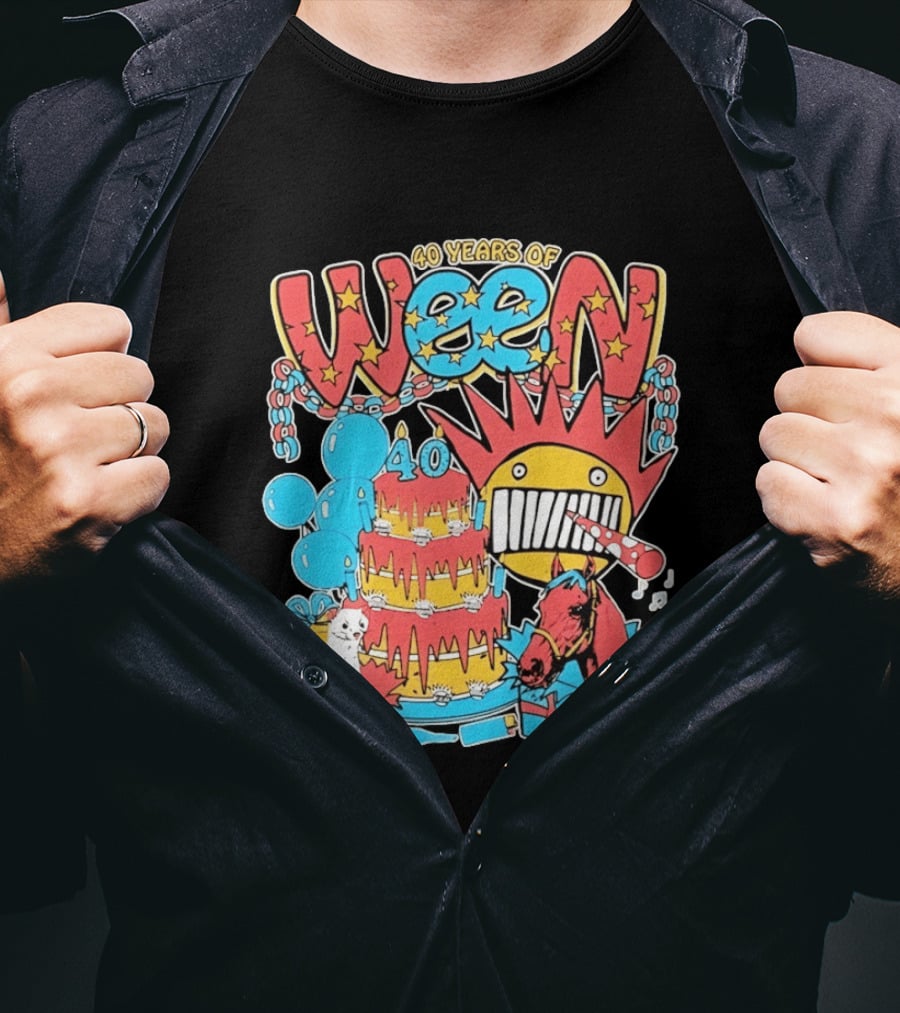 40 Years Of Ween Celebration Cake Balloons Dog Horse Black Sun Mask T-Shirt