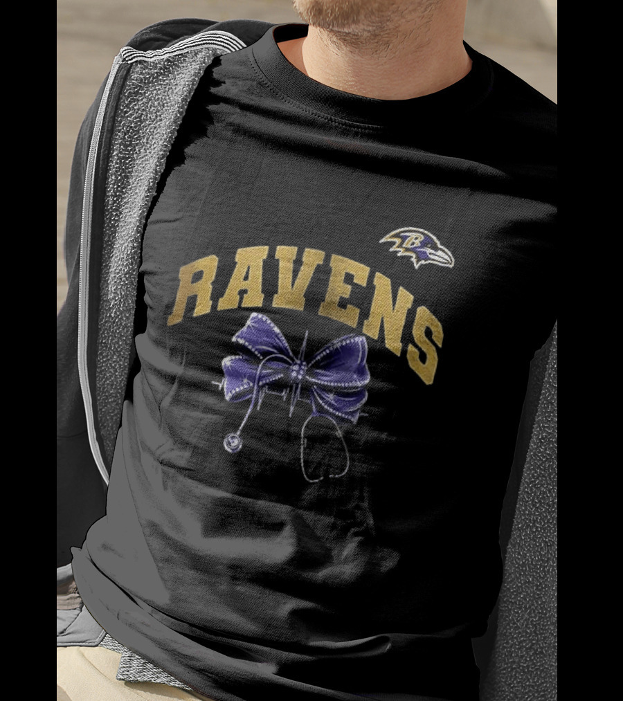 Baltimore Ravens Nurse By Heart By Soul Ravens Stethoscope Bow T-Shirt