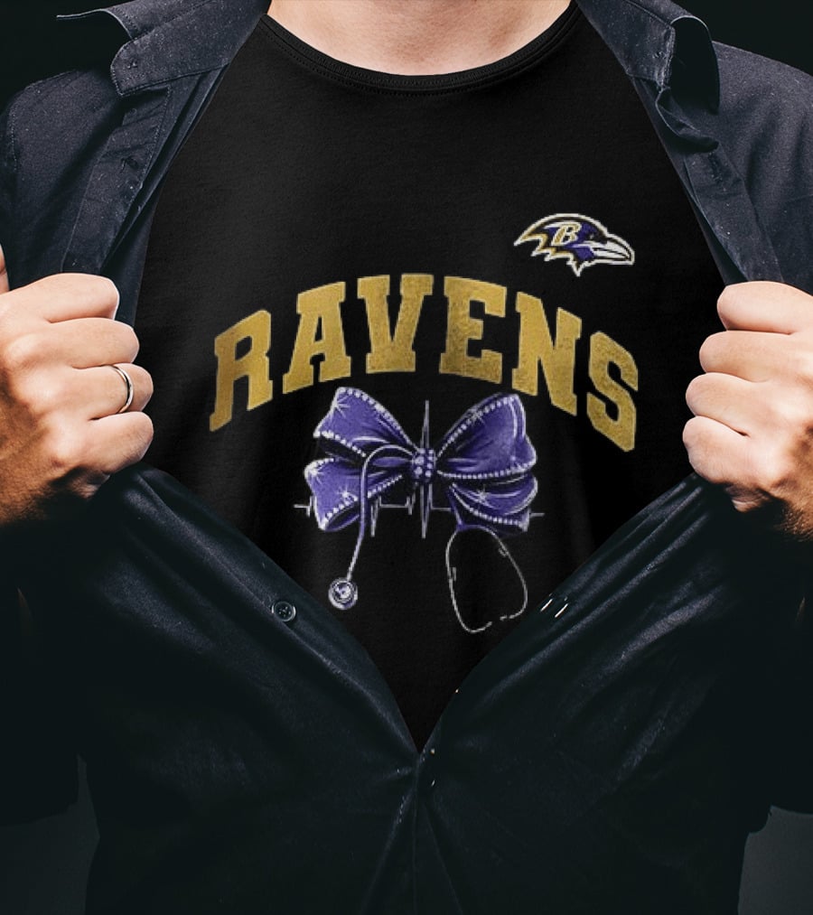 Baltimore Ravens Nurse By Heart By Soul Ravens Stethoscope Bow T-Shirt