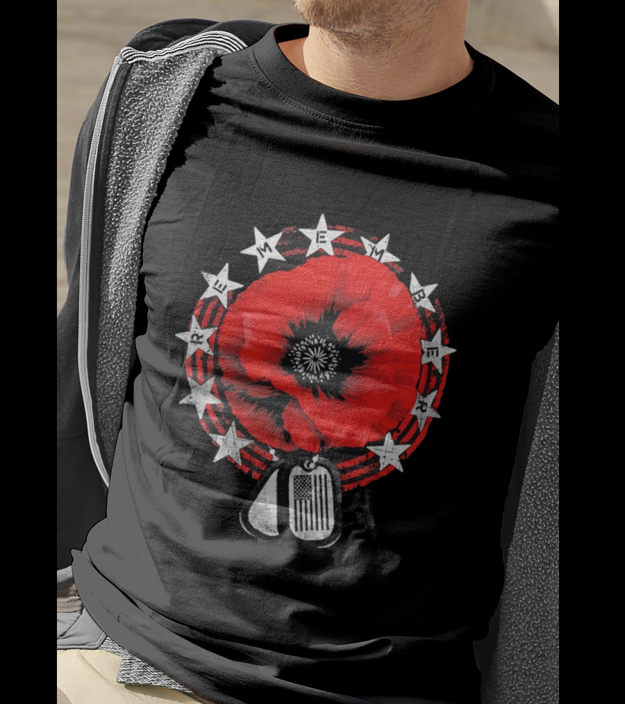 Remember Poppy 2026 American Flag Dog Tags Stars T-Shirt