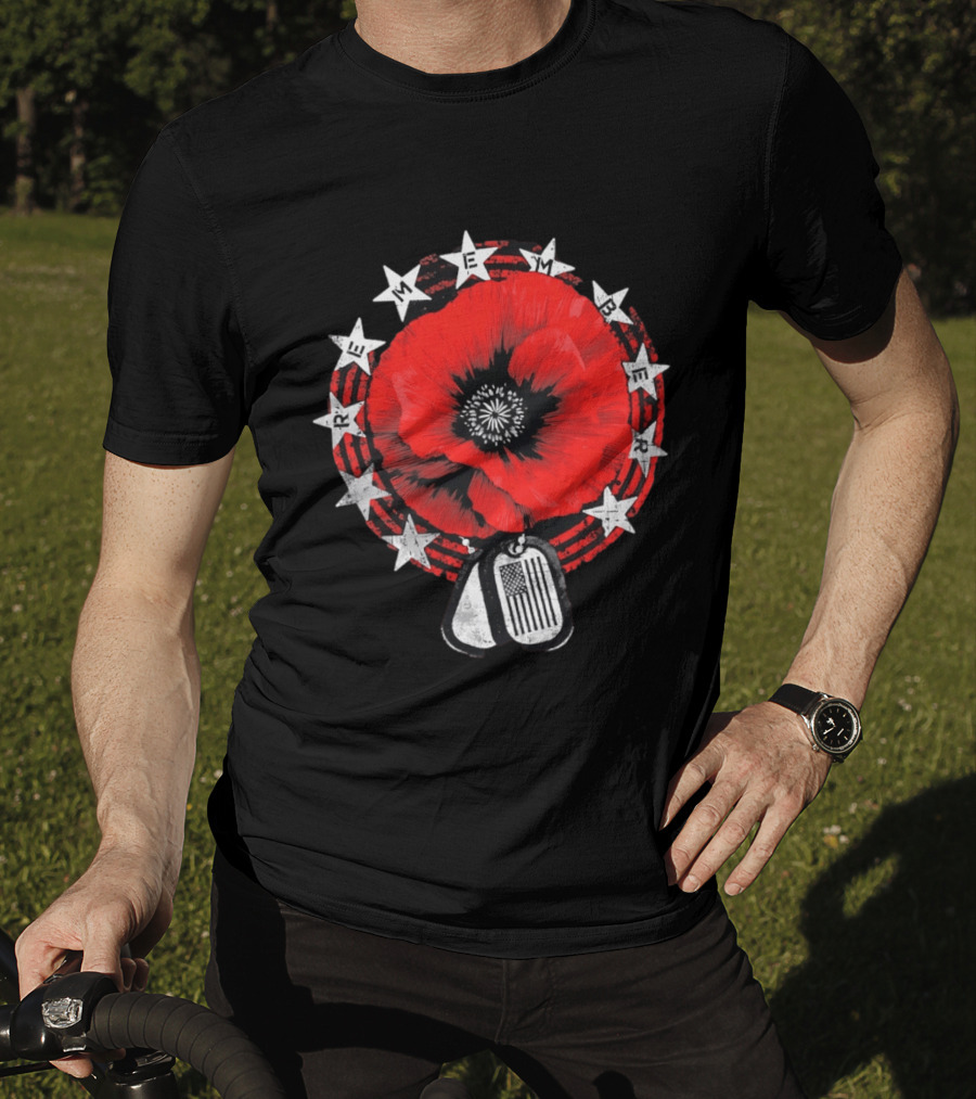 Remember Poppy 2026 American Flag Dog Tags Stars T-Shirt