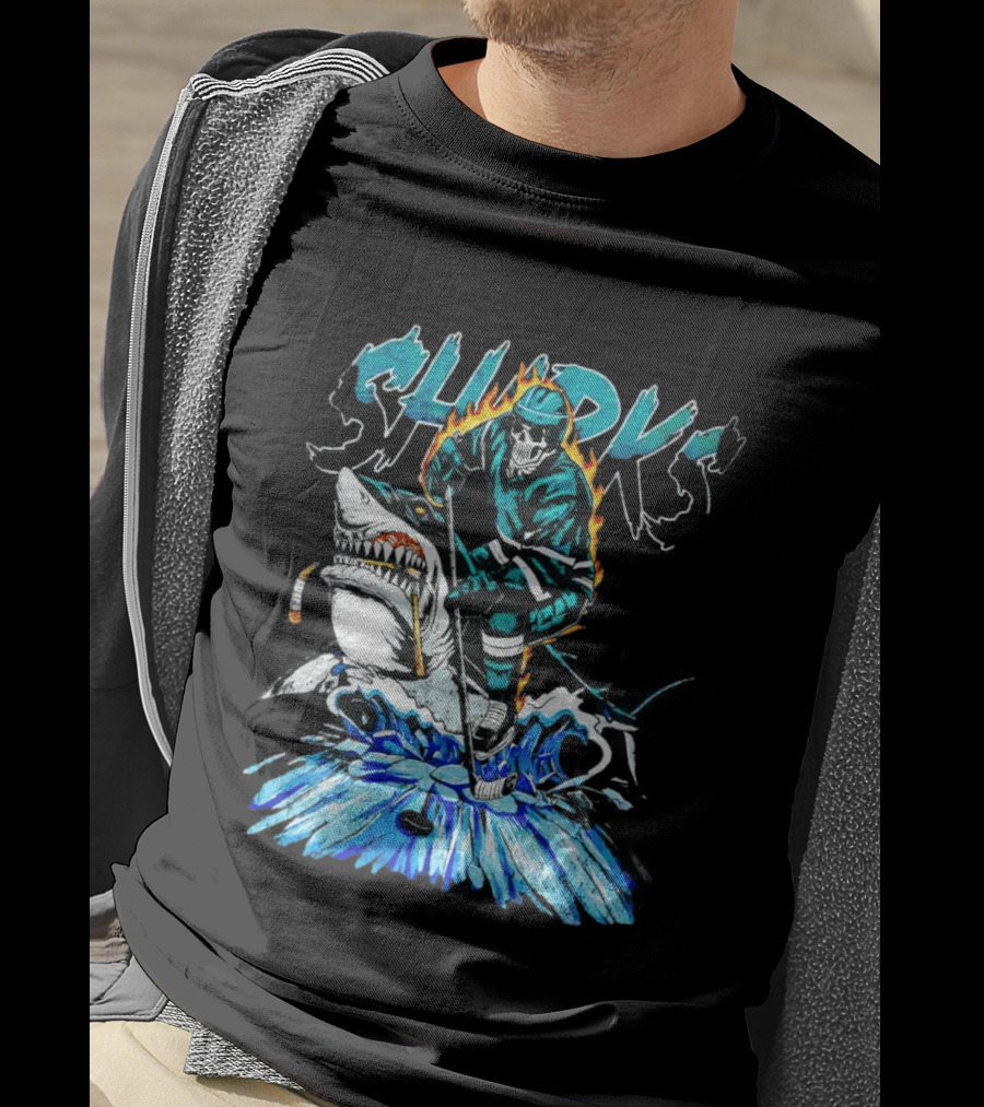 San Jose Sharks 90s Hockey Skull Flames Ice Shark Rider T-Shirt