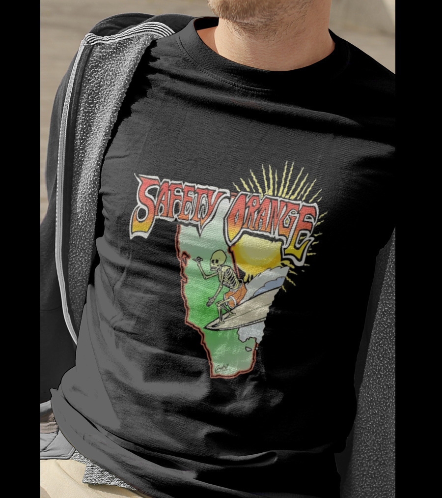 Safety Orange Skeleton Surfing Explosion Scene T-Shirt