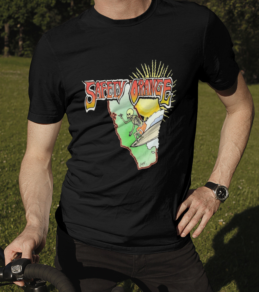 Safety Orange Skeleton Surfing Explosion Scene T-Shirt