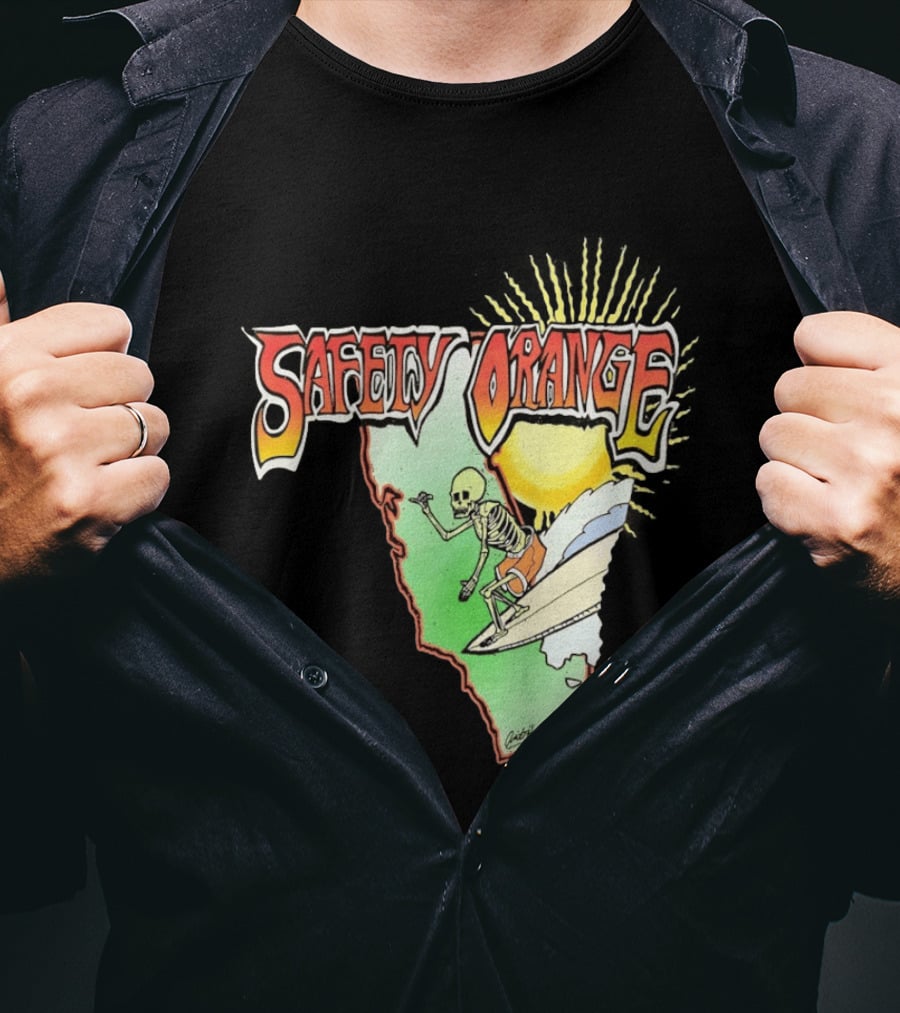 Safety Orange Skeleton Surfing Explosion Scene T-Shirt