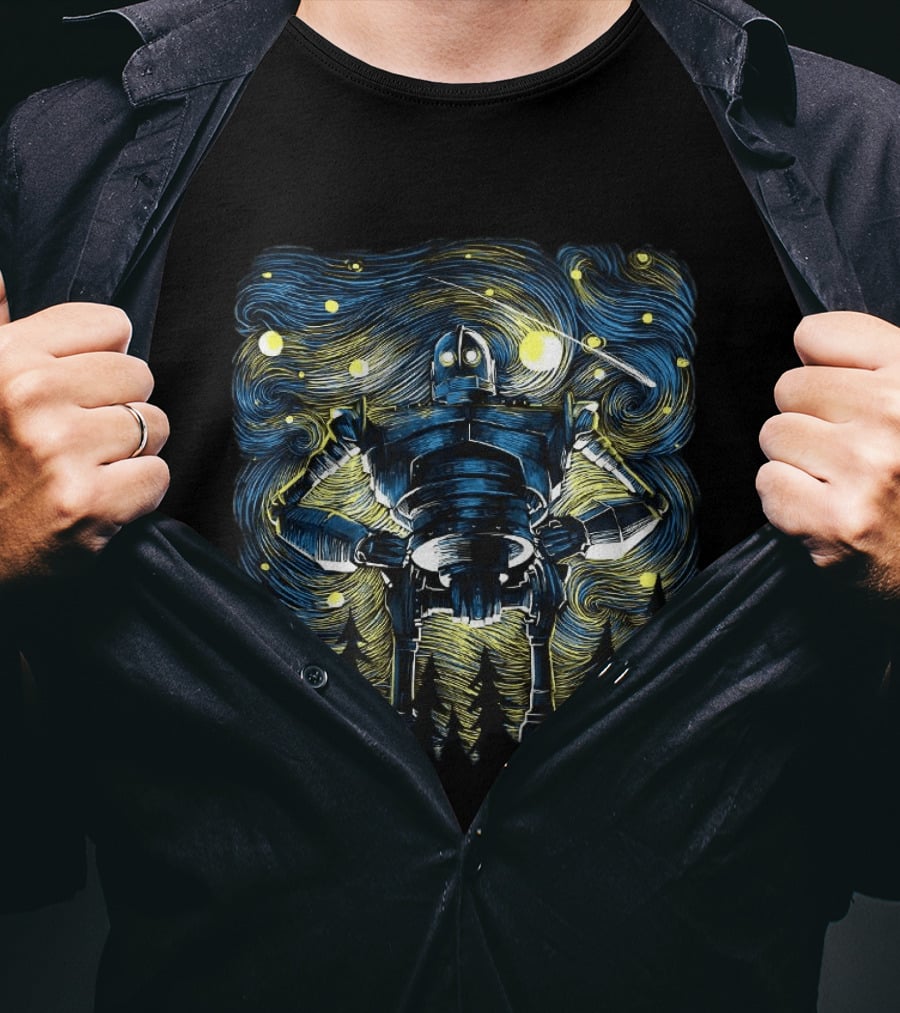 Iron Giant Meets Van Gogh's Starry Night Fusion T-Shirt