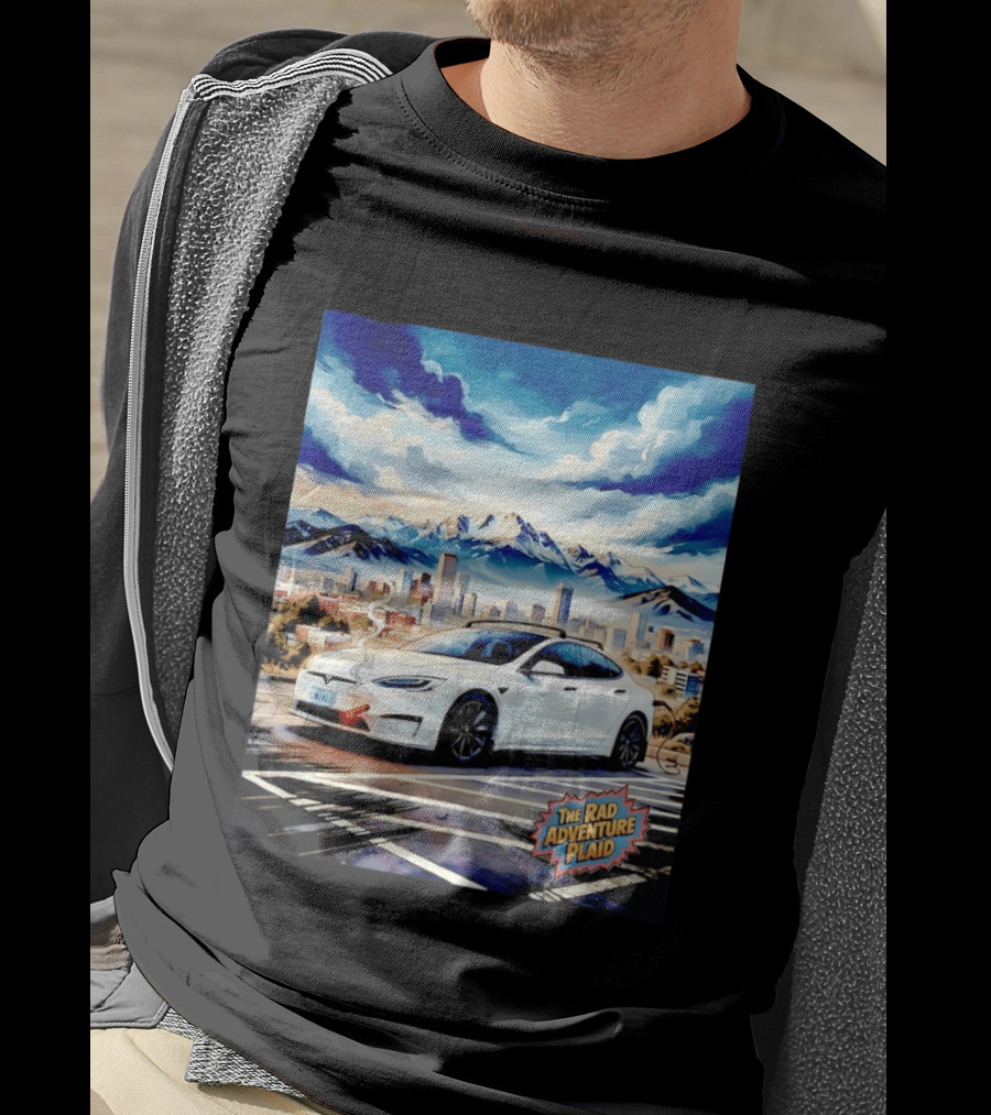 The Rad Adventure Plaid Electric Car Scenic Mountain Cityscape T-Shirt