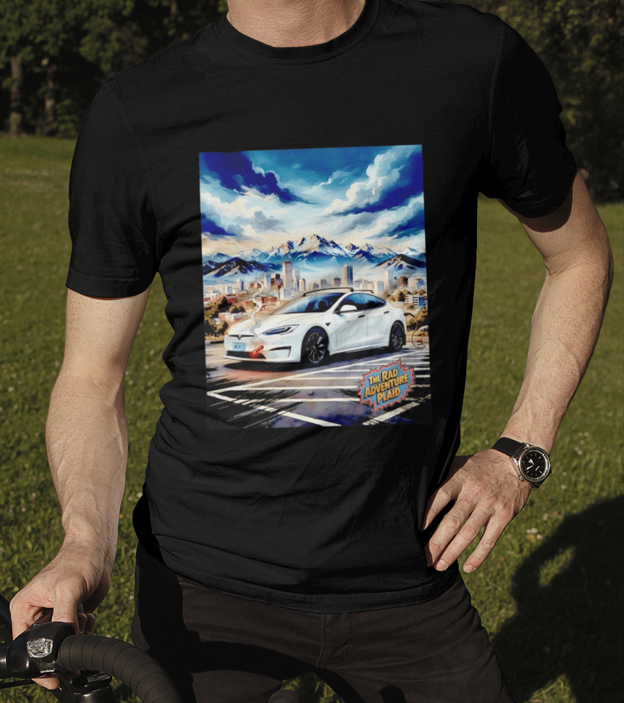 The Rad Adventure Plaid Electric Car Scenic Mountain Cityscape T-Shirt