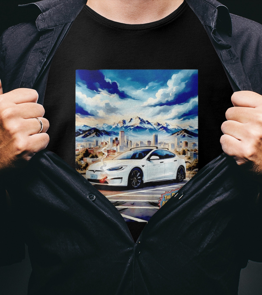 The Rad Adventure Plaid Electric Car Scenic Mountain Cityscape T-Shirt