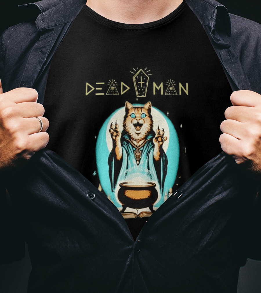 Wizard Cat Casting Spell With Cauldron And Candles Dead Man T-Shirt