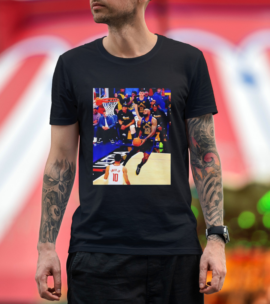 LeBron James Los Angeles Lakers Dunking Action Photo T-Shirt
