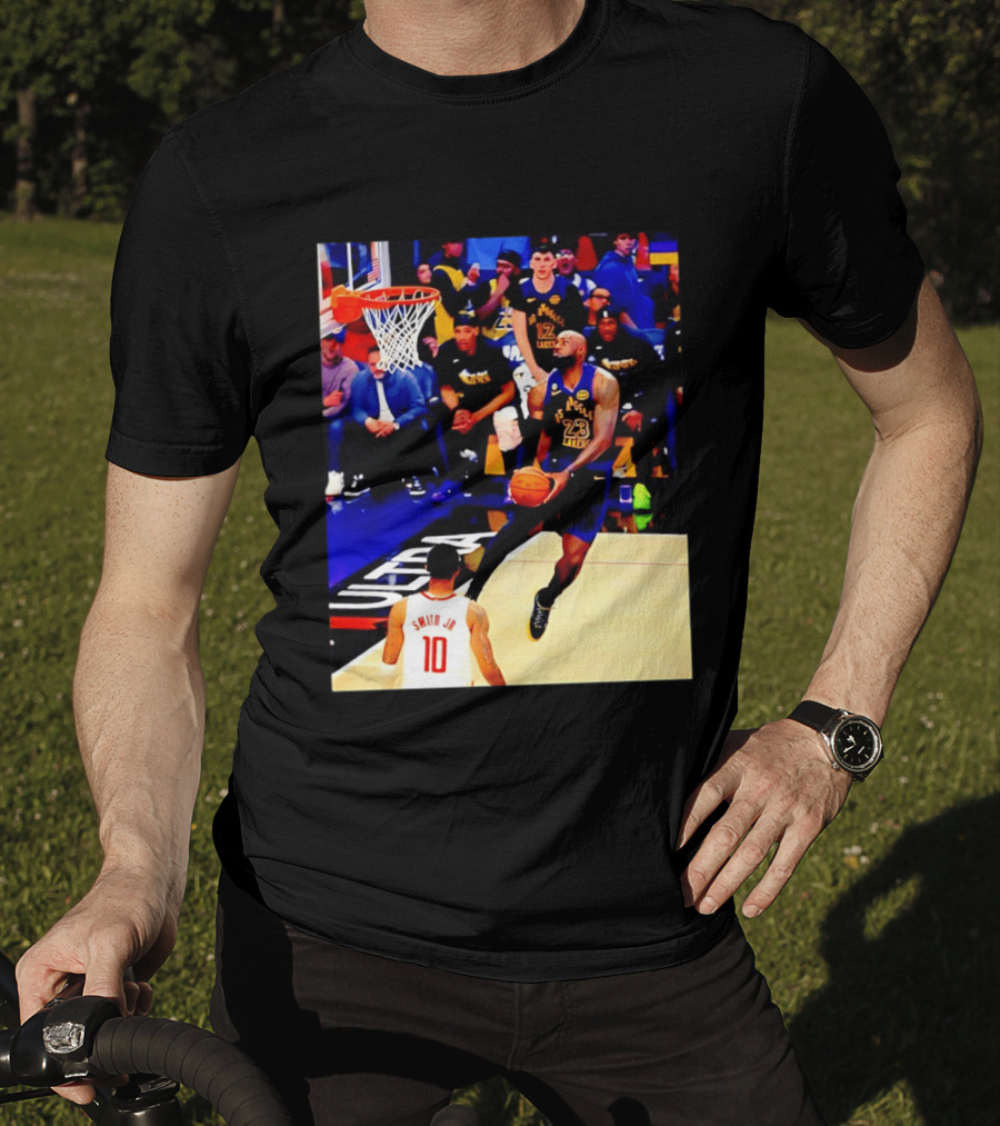 LeBron James Los Angeles Lakers Dunking Action Photo T-Shirt
