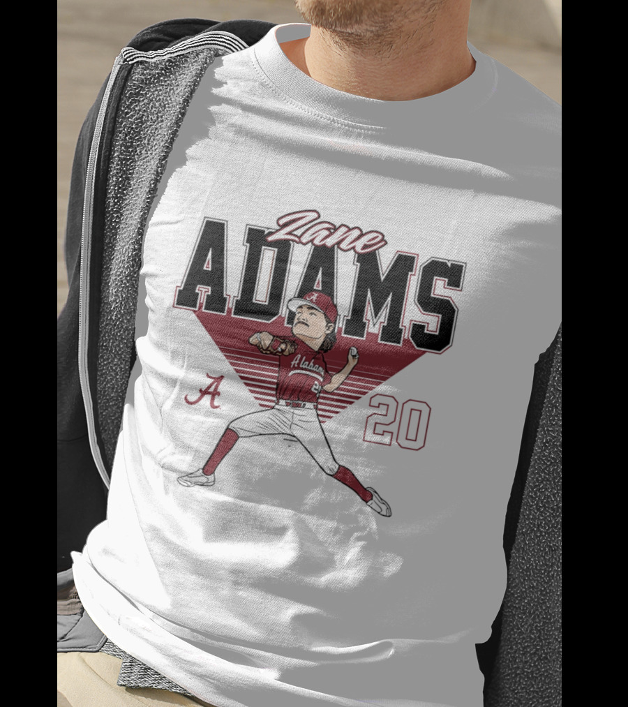 Zane Adams 20 Alabama Crimson Tide Baseball Caricature Player Pitching T-Shirt