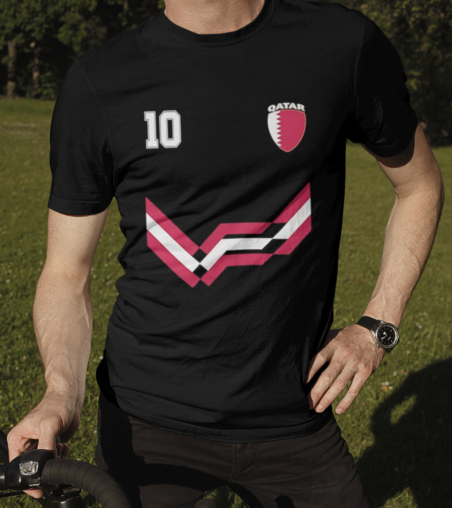 Akram Afif Qatar 10 Soccer Badge Red Chevron T-Shirt