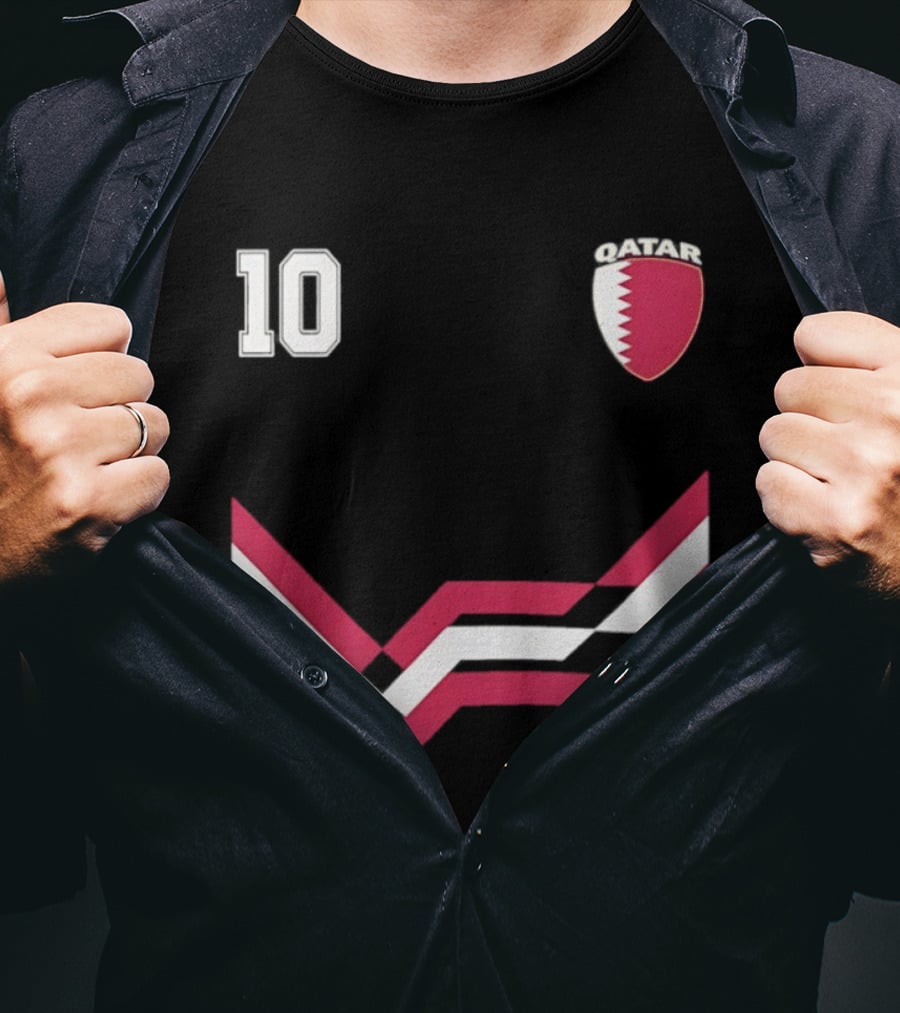 Akram Afif Qatar 10 Soccer Badge Red Chevron T-Shirt
