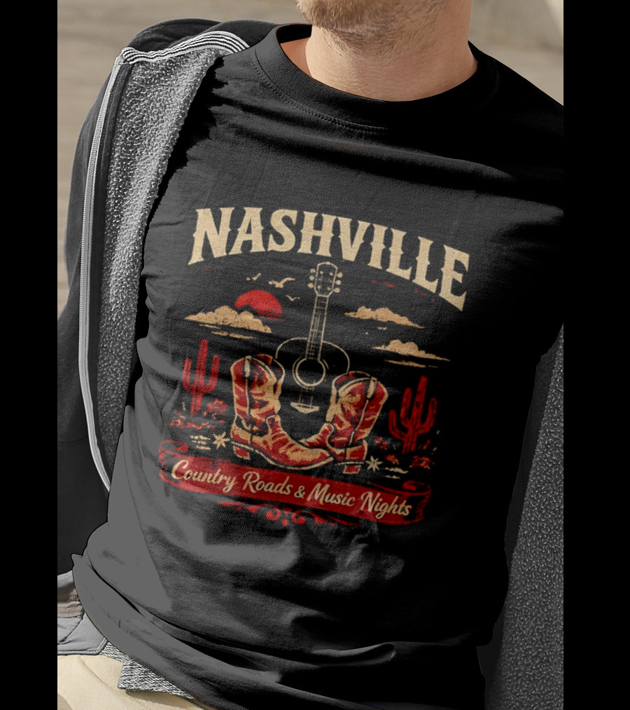 Nashville Country Roads Music Nights Boots Guitar Desert Cactus Moon Clouds T-Shirt