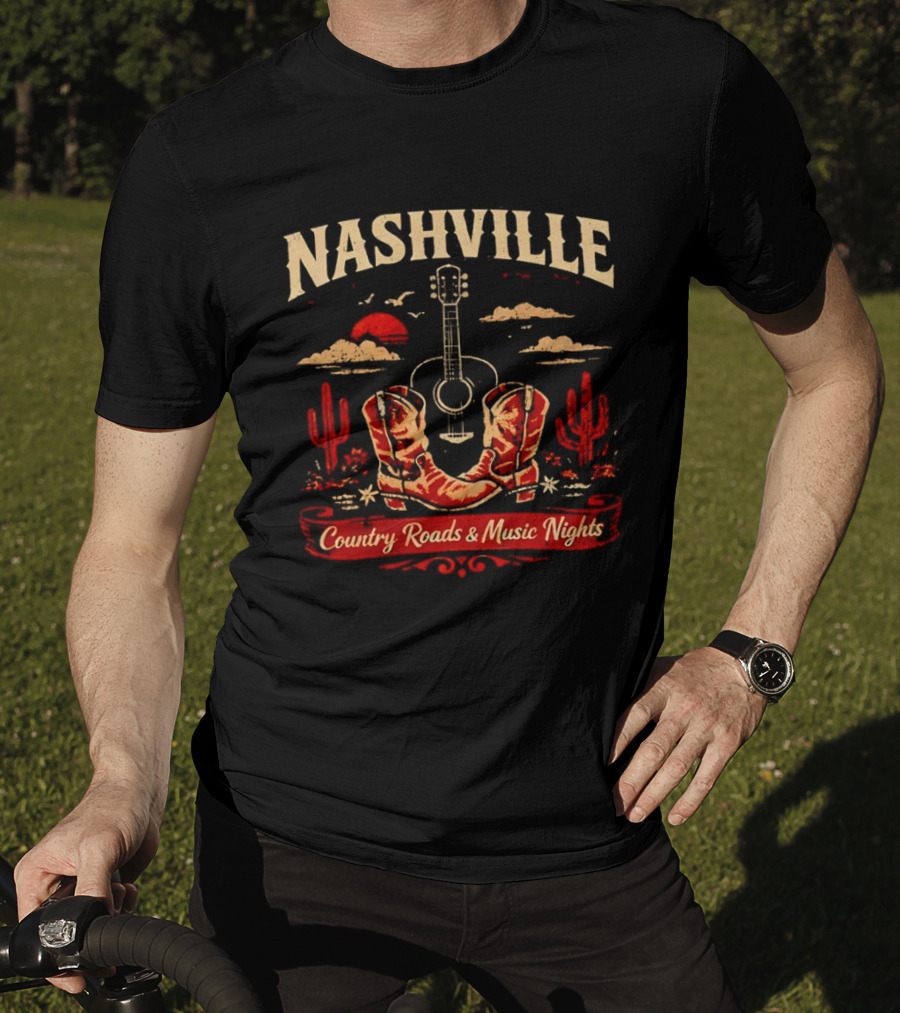 Nashville Country Roads Music Nights Boots Guitar Desert Cactus Moon Clouds T-Shirt