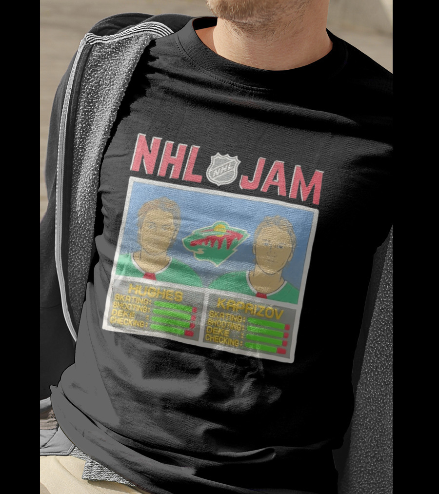 NHL Jam Hughes Kaprizov Minnesota Wild Skating Shooting Deke Checking T-Shirt