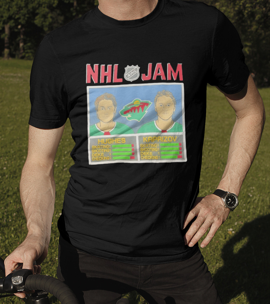 NHL Jam Hughes Kaprizov Minnesota Wild Skating Shooting Deke Checking T-Shirt