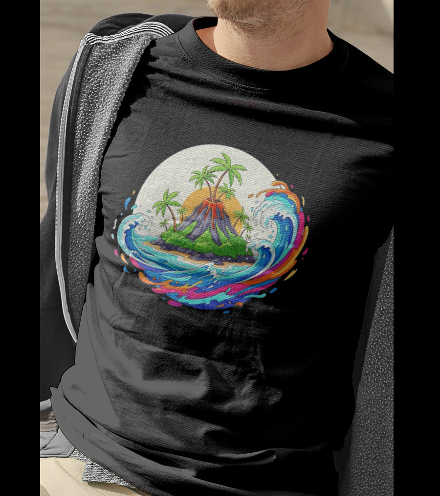 Sure! Here's The New Title: "Tropical Island Volcano At Sunset With Ocean Waves T-Shirt