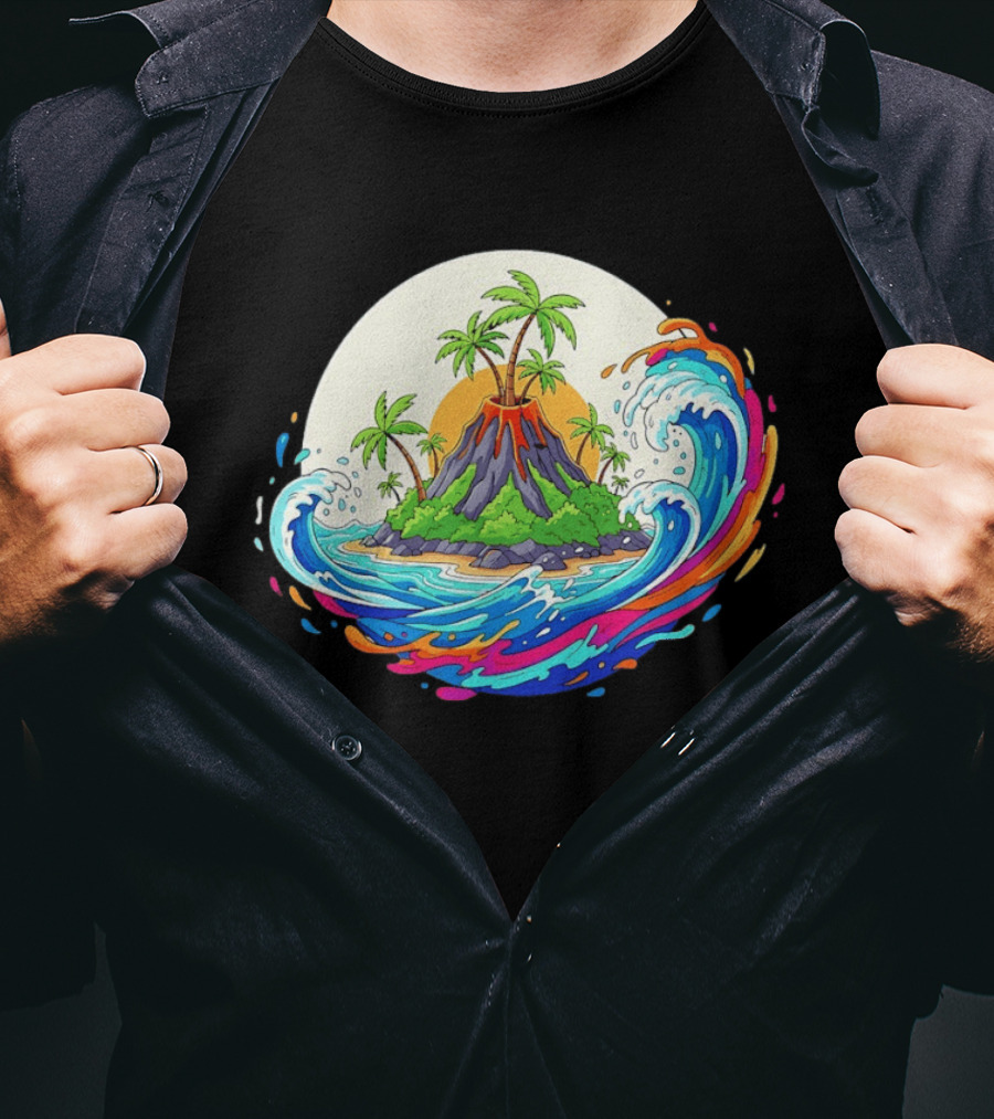 Sure! Here's The New Title: "Tropical Island Volcano At Sunset With Ocean Waves T-Shirt