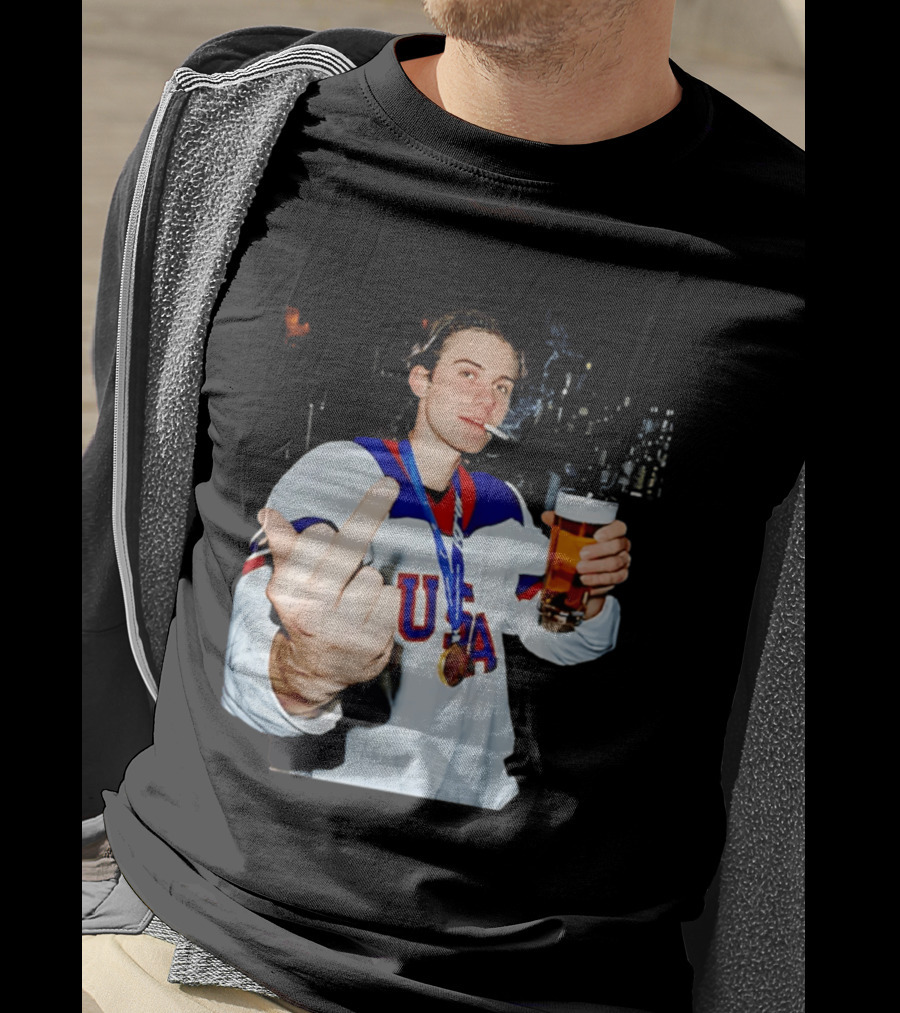 USA Hockey Player Victory Celebration Smoking Beer Middle Finger T-Shirt