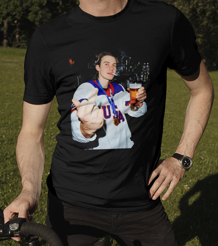 USA Hockey Player Victory Celebration Smoking Beer Middle Finger T-Shirt