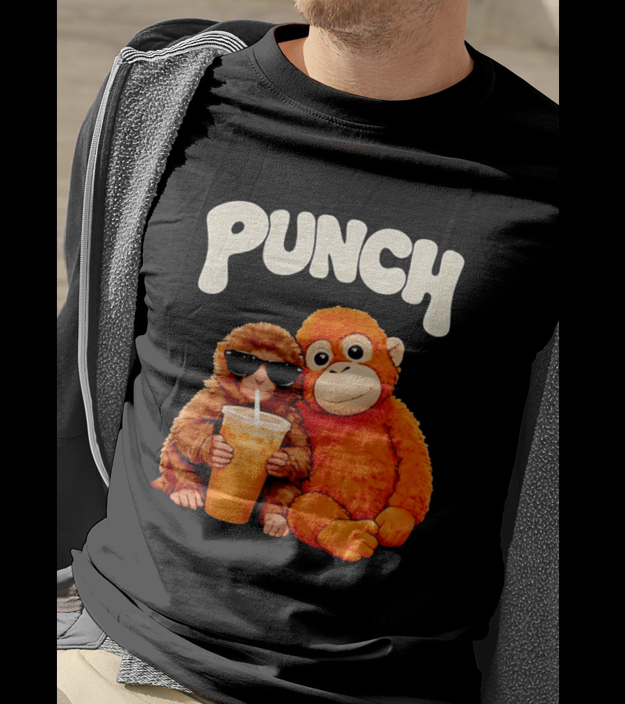 PUNCH Brown Monkey With Orange Plush And Iced Drink T-Shirt