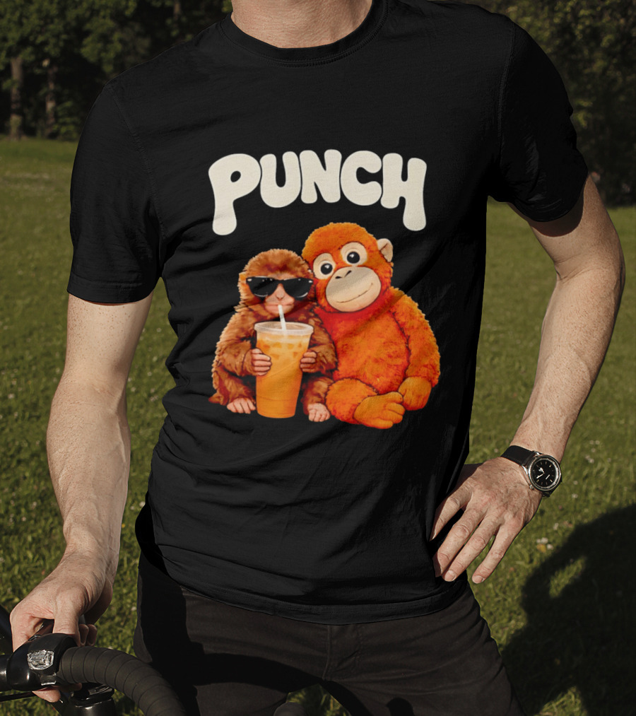 PUNCH Brown Monkey With Orange Plush And Iced Drink T-Shirt