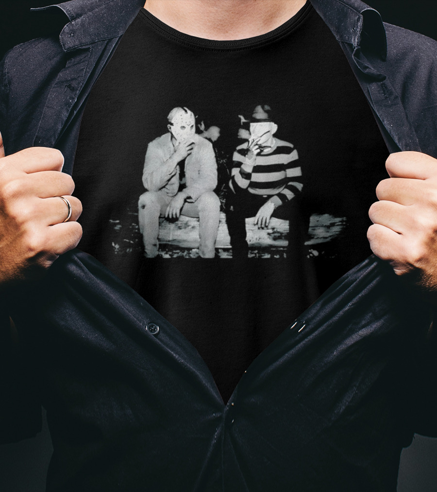 Jason Voorhees Freddy Krueger Smoking On Log Retro Horror Movie T-Shirt
