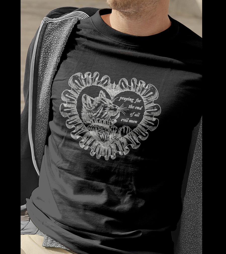 Cat Praying For The End Of All Evil Men Heart Shape T-Shirt