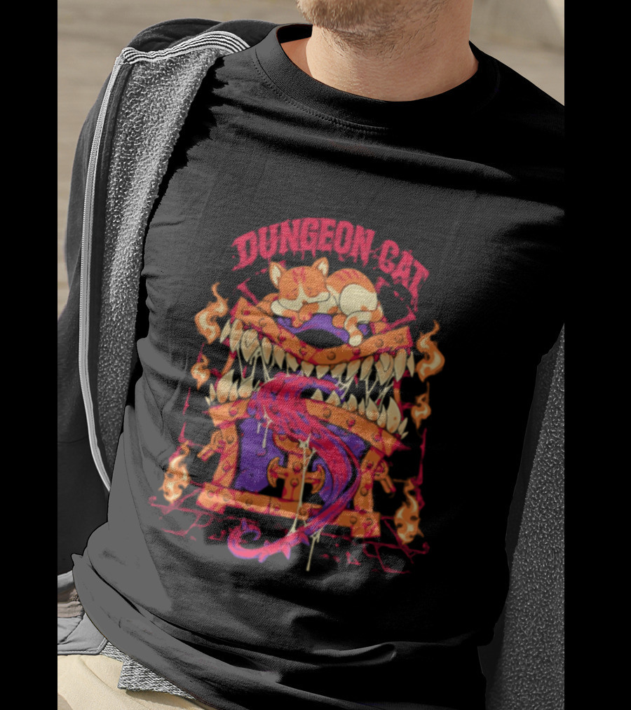 Dungeon Cat Sleeping On Monstrous Chest Surrounded By Flames And Tentacles T-Shirt