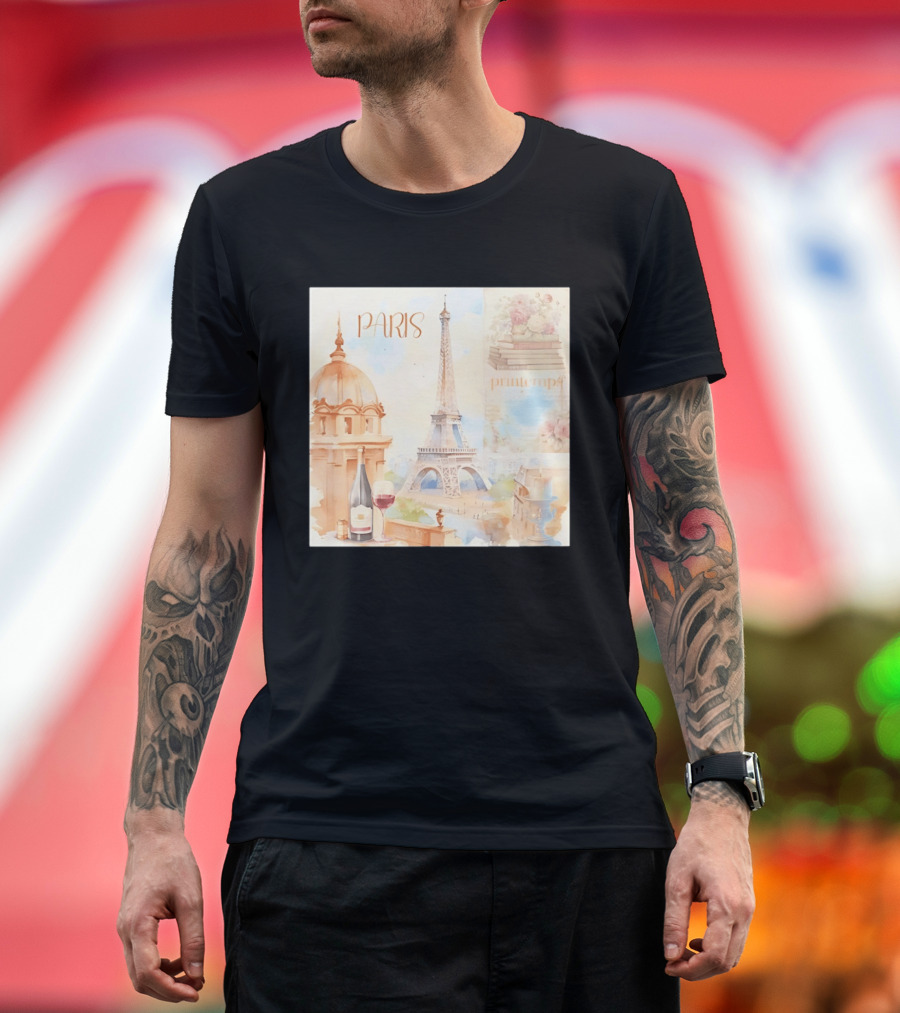 Paris Printemps Eiffel Tower Wine Flowers Books T-Shirt