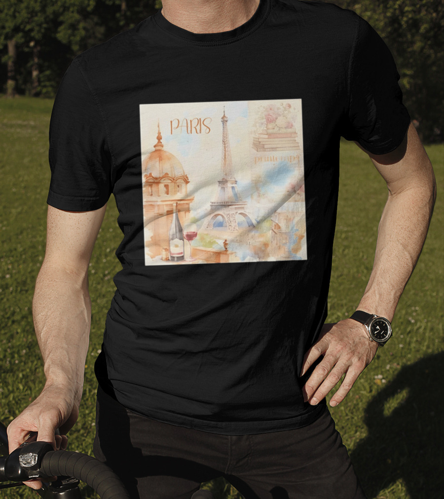 Paris Printemps Eiffel Tower Wine Flowers Books T-Shirt