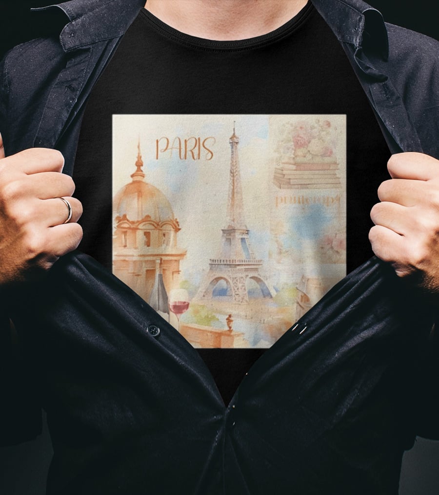 Paris Printemps Eiffel Tower Wine Flowers Books T-Shirt