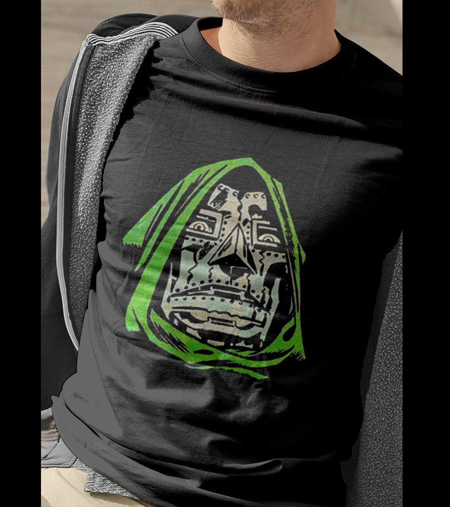 Victor Von Doom Dr Doom Comic Face Drawing Green Hood T-Shirt