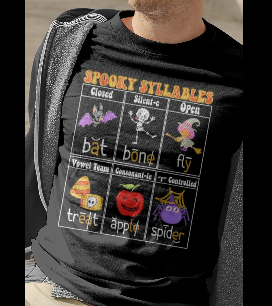 Spooky Syllables Bat Bone Fly Trick Treat Apple Spider Halloween Educational Teacher T-Shirt