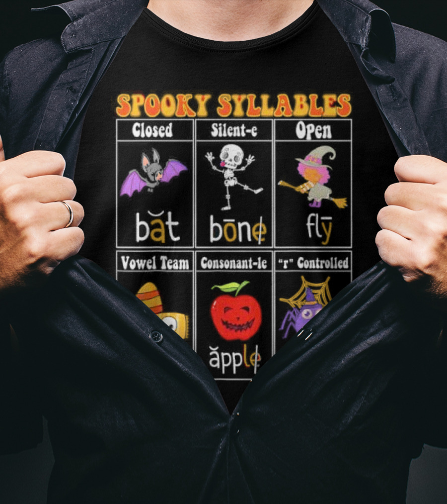 Spooky Syllables Bat Bone Fly Trick Treat Apple Spider Halloween Educational Teacher T-Shirt