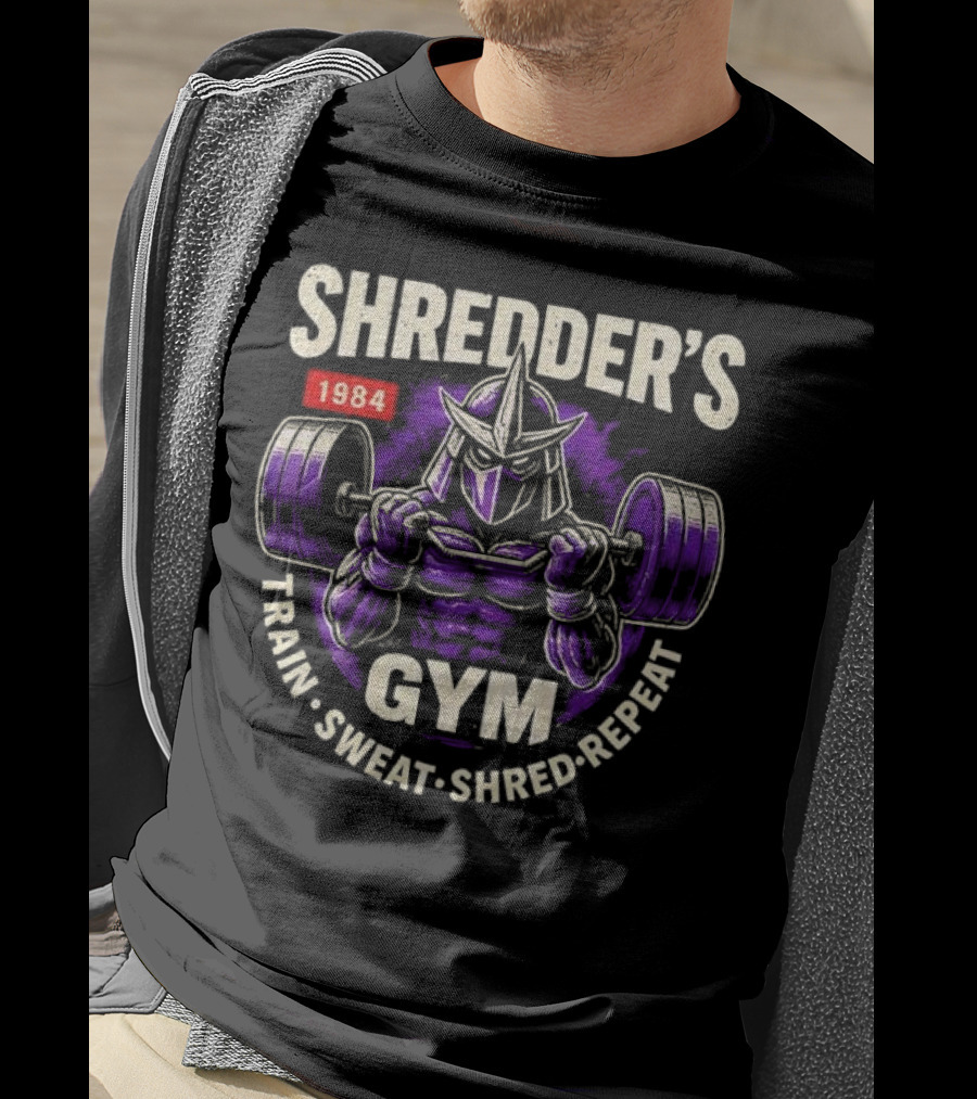 Shredder's 1984 Gym Train Sweat Shred Repeat Ninja Warrior Fitness T-Shirt