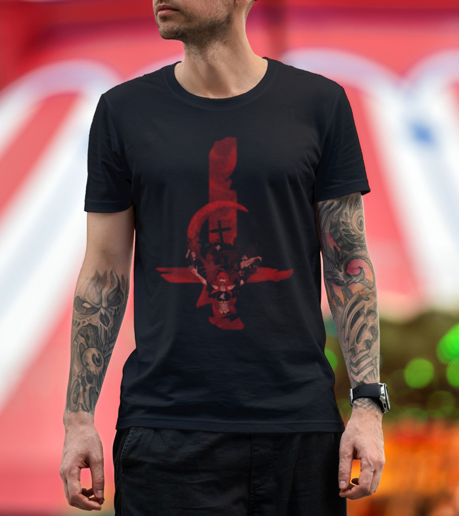 Inverted Cross Graveyard Gothic Anarchist Symbol With Red Crescent Moon T-Shirt