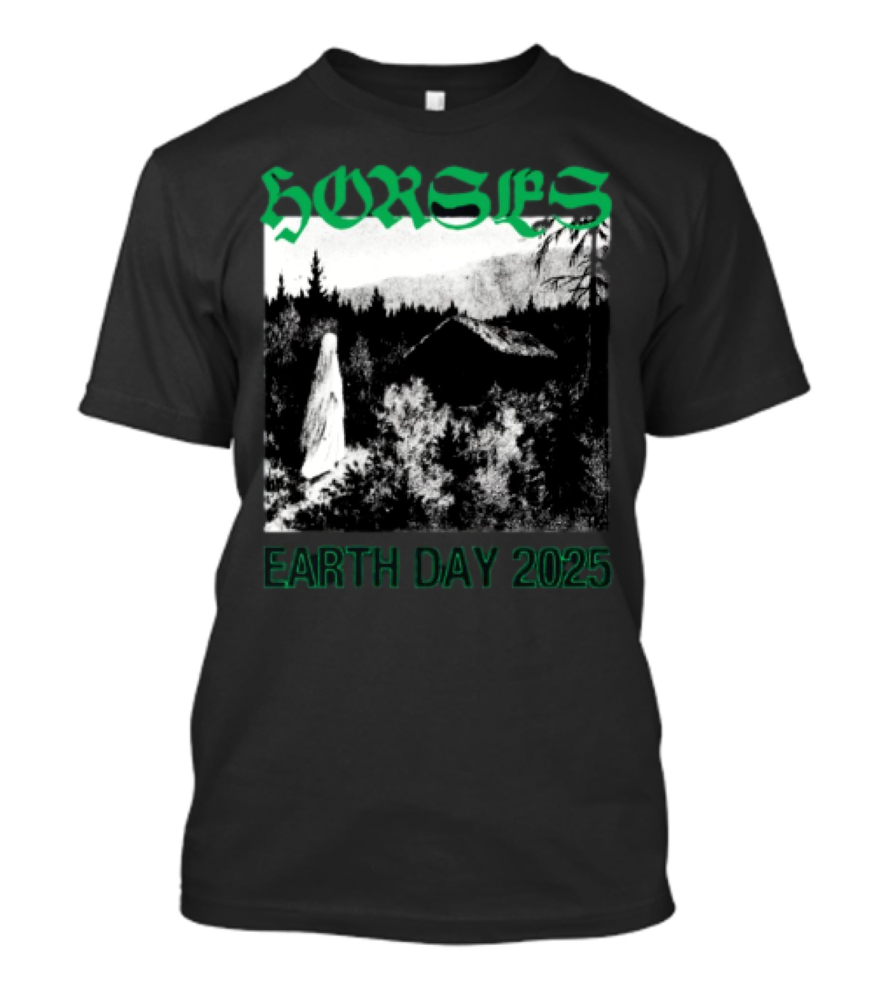 Horses Earth Day 2025 Ghostly Forest Cabin Scene T-Shirt