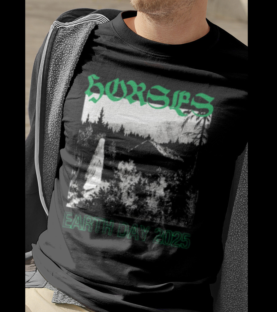 Horses Earth Day 2025 Ghostly Forest Cabin Scene T-Shirt